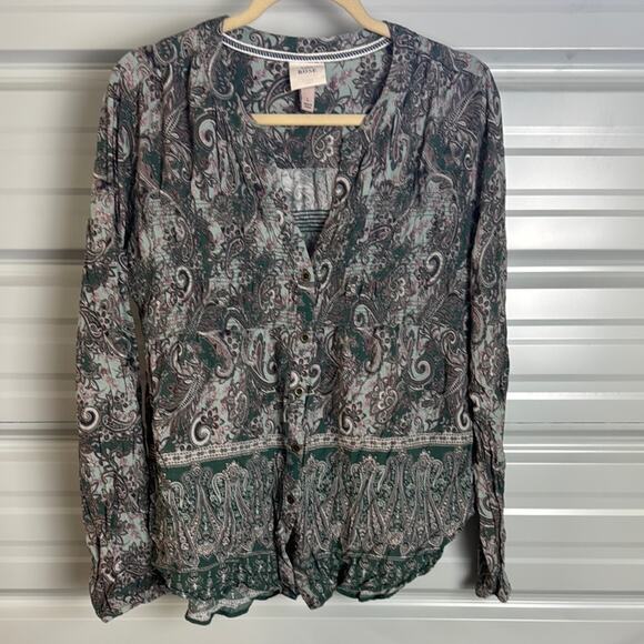 Knox Rose Relaxed Green and Pink Blouse with Mandarin Collar - Picture 1 of 7